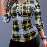 Casual Long Sleeve V Neck Plaid Print Drawstring Blouse - Women's Clothing