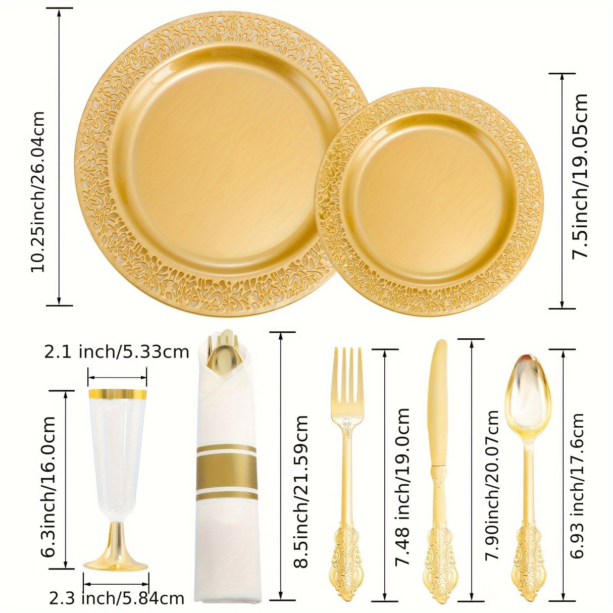 210pcs Solid Golden Disposable Plates with Golden Plastic Silverware and Cups for Party, Golden Plastic Plates Include: 30 Dinner Plates 30 Dessert Plates 30 Rolled Napkins with Cutlery 30 Cups
