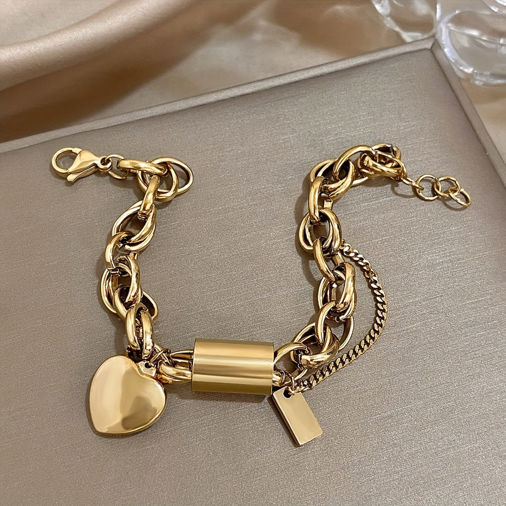 Punk Chunky Golden Color Thick Chain Stainless Steel Bracelets Fashion Design Heart Love Pendant Wrist JewelryNew Year's Gifts Valentine's Day Gifts
