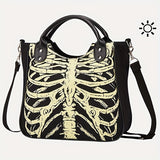 Goth Grunge Skeleton Durable Crossbody Bag, Rib Pattern Canvas Large Capacity Trendy Handbag, Halloween Portable Double Handle Tote Bag