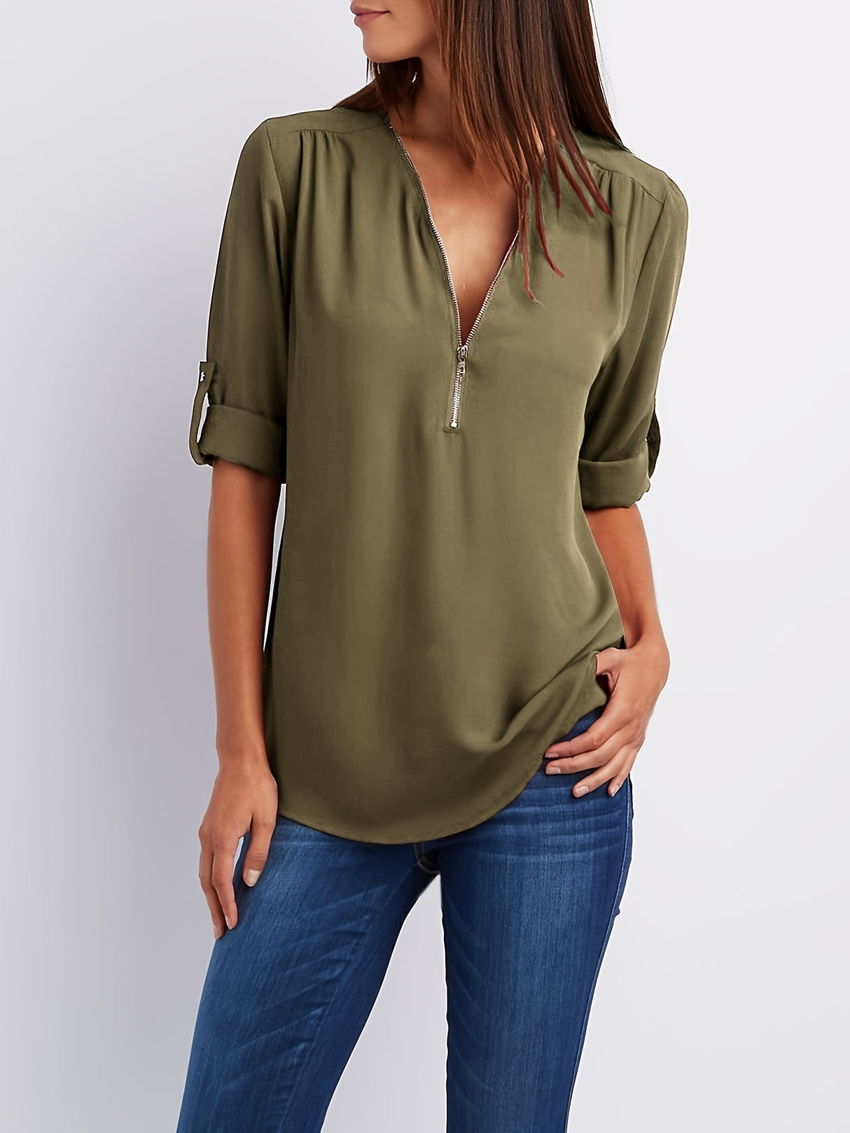 Solid V Neck Blouse, Casual Ruched Rollable Sleeve Half Zip Blouse, Women's Clothing