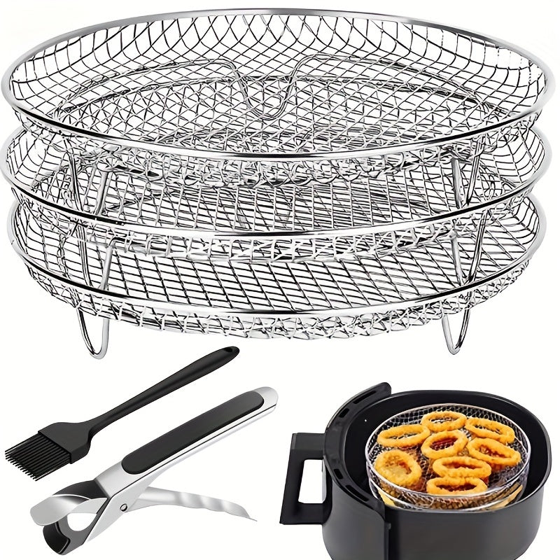 1 Set Air Fryer Accessories, Three-layer Circular Grill Rack, Steam Rack, Stainless Steel Stackable Rack, Dehydration Rack, Barbecue Basket, Barbecue Rack, Drain Basket, Filter Rack, Food Frying Basket, Oil Brush, Food Clip S