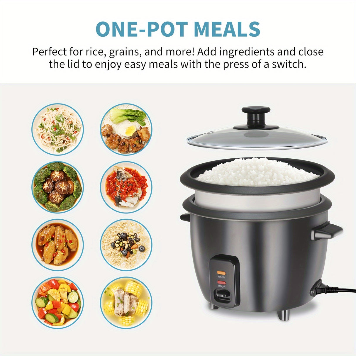 Rice Cooker with Removable Nonstick Pot, Yogurt Maker with Auto Keep Warm Function, Large Capacity 6-cup (cooked) 1.5 Qt, 3-cup (uncook), One Touch Operation Grain Cooker, Multicooker, Stainless Steel Inner Liner, Steamer, Oa