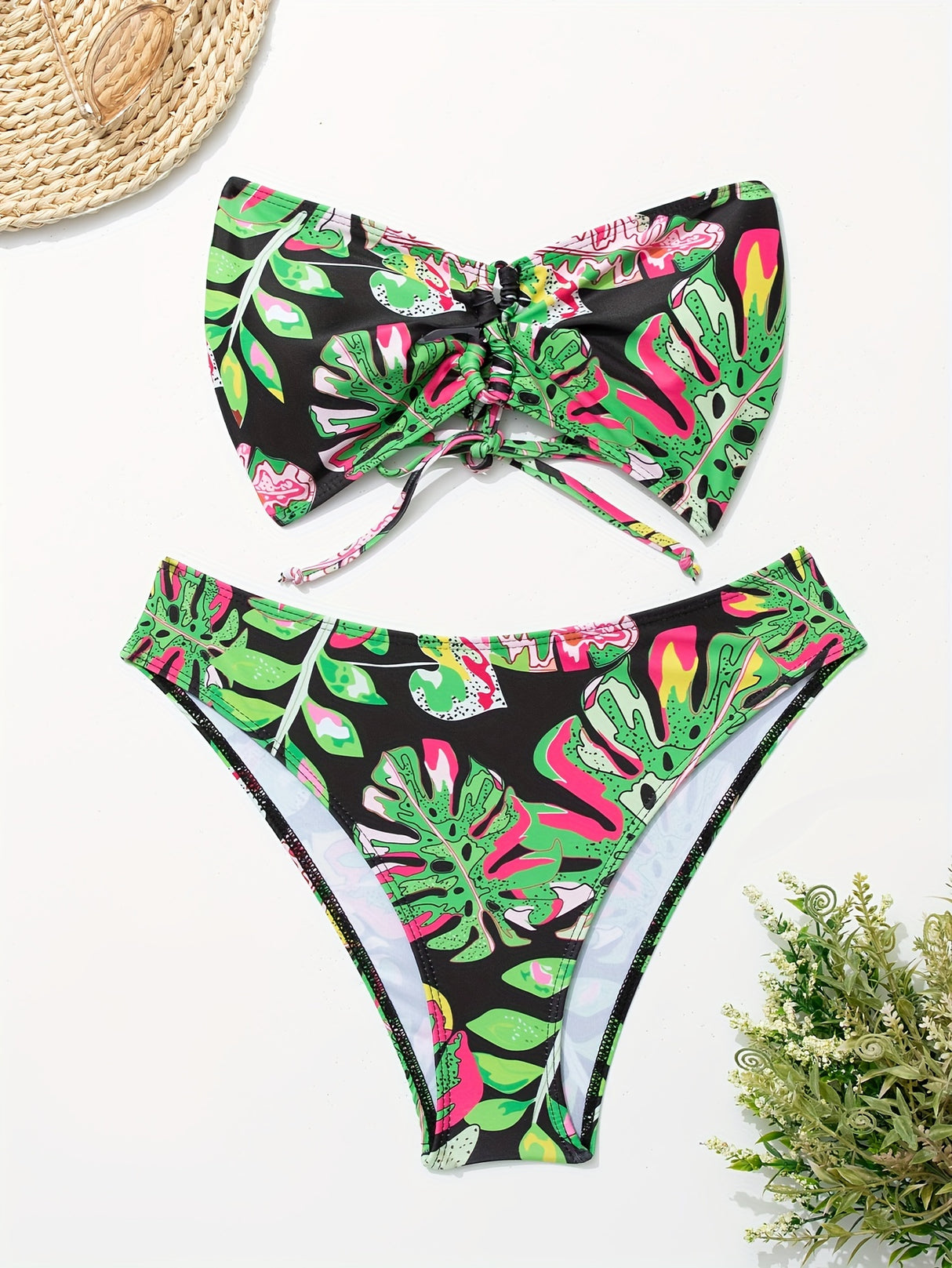 2 Piece Leaf Print Bandeau Bikini Set - High Cut, Off the Shoulder, Cross Strap, High Stretch, Machine Washable, Polyester Swimsuit for Women - Perfect for Swimming