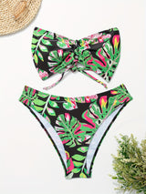 2 Piece Leaf Print Bandeau Bikini Set - High Cut, Off the Shoulder, Cross Strap, High Stretch, Machine Washable, Polyester Swimsuit for Women - Perfect for Swimming