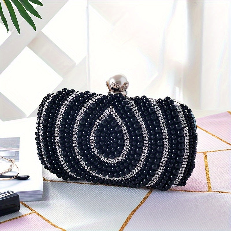 Elegant Striped Fabric Clutch Bag with Beaded Embellishment - Adjustable Strap, Lining, Buckle Closure - Perfect for Wedding Party, Prom, Formal Evening Events