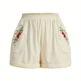 Stylish Embroidered Strawberry Casual Shorts for Women – Semi-Sheer, Elastic Waist, Durable Material for Summer