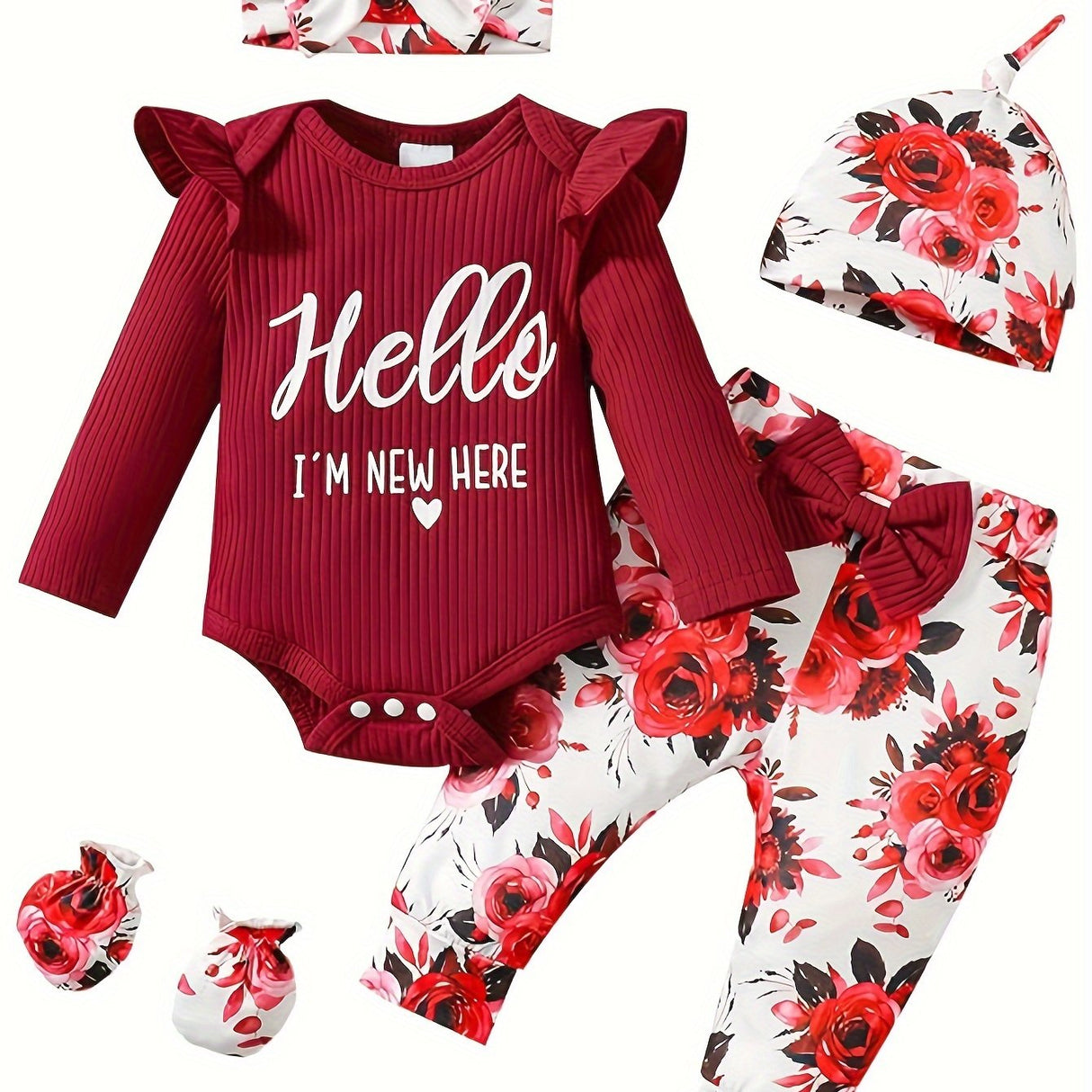 Newborn Baby Girl Clothes Hello I'm New Here Letter Romper+Floral Pants+Hat+Headband+Gloves Coming Home Outfits