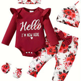 Newborn Baby Girl Clothes Hello I'm New Here Letter Romper+Floral Pants+Hat+Headband+Gloves Coming Home Outfits