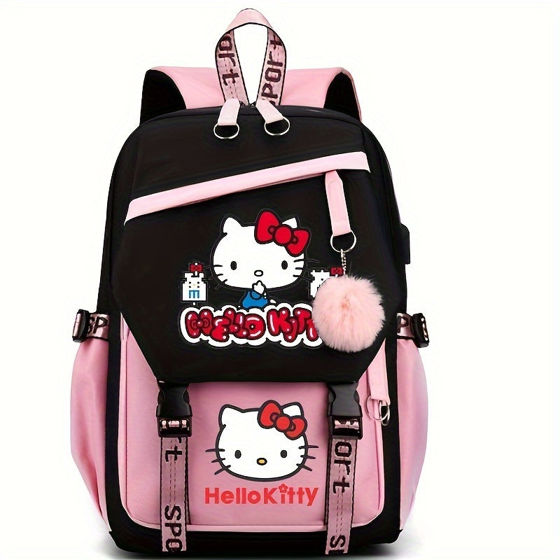Sanrio Hello Kitty Backpack for Women, Preppy Style Oxford Textile with Adjustable Straps, Cartoon Character Themed, Stain-Resistant with Angel Wings Design, Zipper Closure and Polyester Lining, Animal Print Fashion School Ba