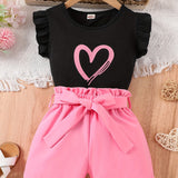 2pcs Girls Daily Casual Heart Print Crew Neck Sleeveless Top & Bow Shorts With Belt For Summer Kids Clothes