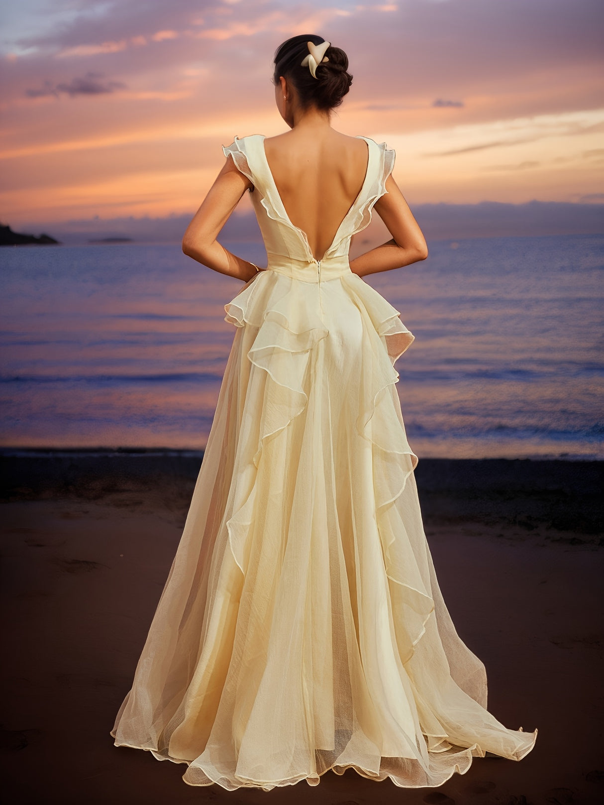 Elegant Off-Shoulder Ruffle Trim Gown with Bow Detail - Deep V-Neck, Backless Design, High Slit Mesh Evening Dress for Women, Perfect for Parties, Banquets, and Formal Events, Party Dress | Offshoulder Gown | Hemline Accent,
