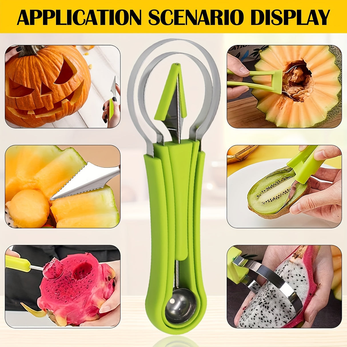 4-Piece Fruit Carving Knife Set - Stainless Steel Watermelon Slicer, Melon Baller Scoop, Seed Remover, Peeler - Multifunctional Fruit Shaping Kitchen Gadgets for Fruit Preparation & Decoration