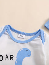 Baby Boy Fall Outfit Dinosaur Print Long Sleeve Rompers and Elastic Pants Hat Set Spring 3pcs Clothes, for Outdoor
