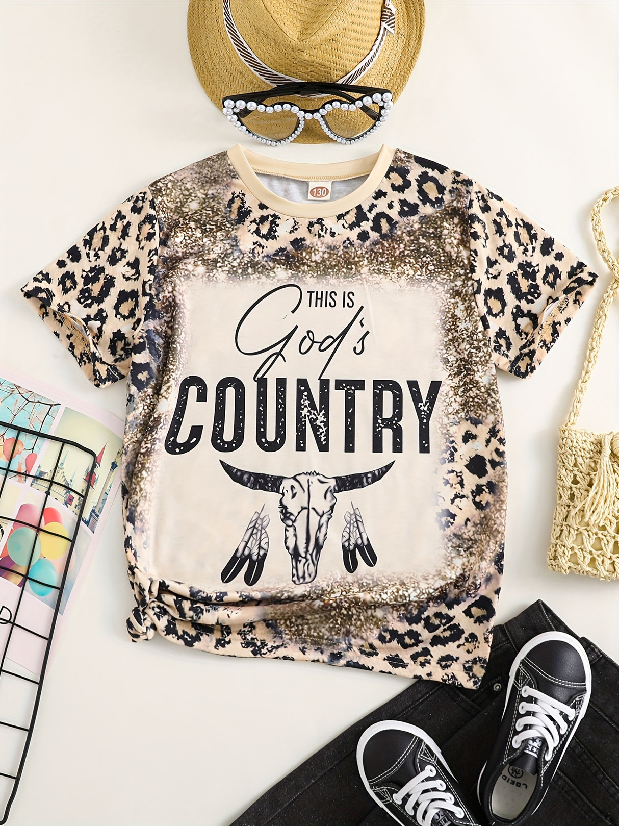 Girls Cute Round Neck "COUNTRY" Graphic Short Sleeve T-shirt Casual Tees Top Summer Kids Clothes
