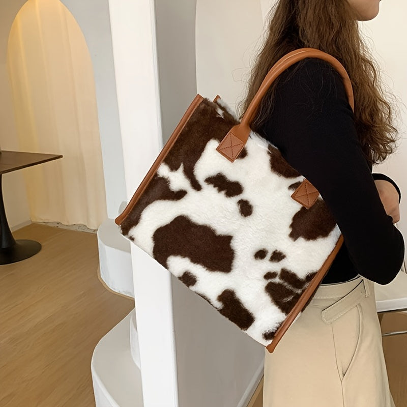 Plush Cow Pattern Tote Bag, Y2K Vintage Shoulder Bag, Fluffy Faux Fur Handbag For Women