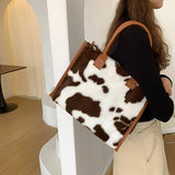 Plush Cow Pattern Tote Bag, Y2K Vintage Shoulder Bag, Fluffy Faux Fur Handbag For Women