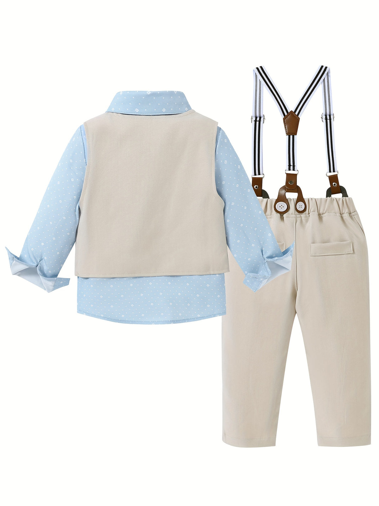 4pcs Toddler Boys Gentleman Outfit Set - Cotton Blend Long Sleeve Shirt, Bowtie, Vest, Suspender Pants with Floral Pattern for Wedding Party - All-Season Regular Fit, Woven Fabric, Single Breasted Lapel Collar, 5.0% Spandex,