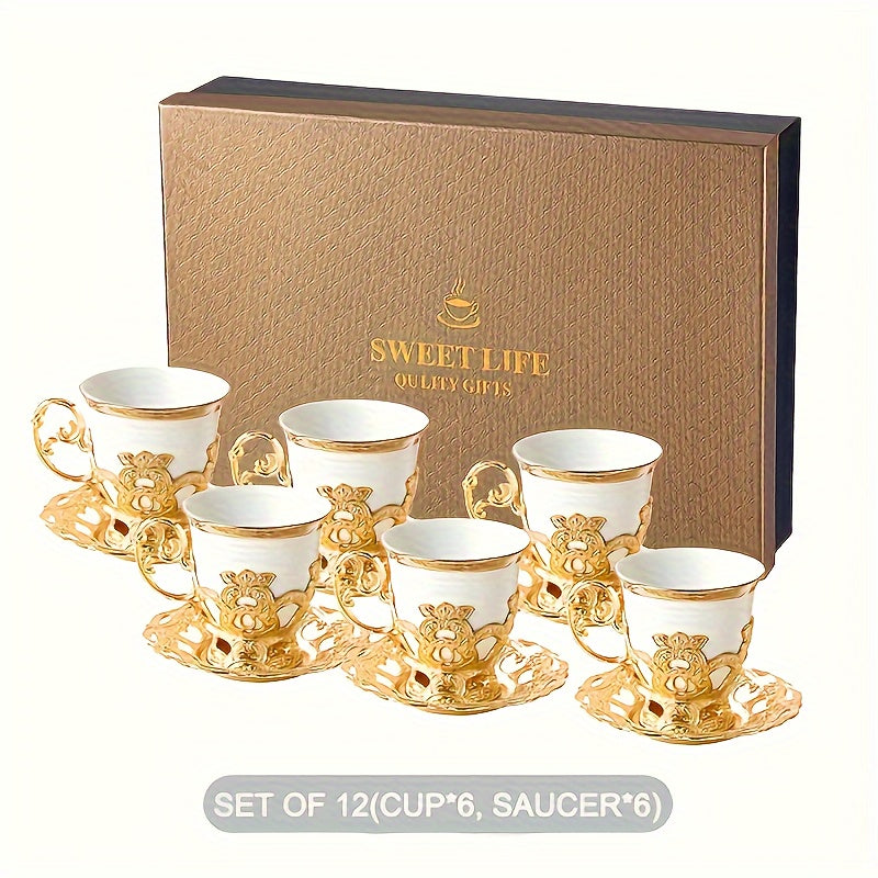 Sakura Train Set, Turkish Arabic Coffee Cups And Saucers, Espresso Cups With Saucer Plates And Spoons, Ceramic Tea Sets With Gift Box, 2.8 OZ (Golden)
