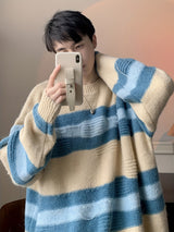 1pc Korean Style Cozy Fleece-Lined Crew Neck Sweater for Men - Casual Polyester Striped Pullover with Contrasting Colors, Loose Fit, Thermal Insulation, Knitted Fabric, Adult - Fall/Winter Essential