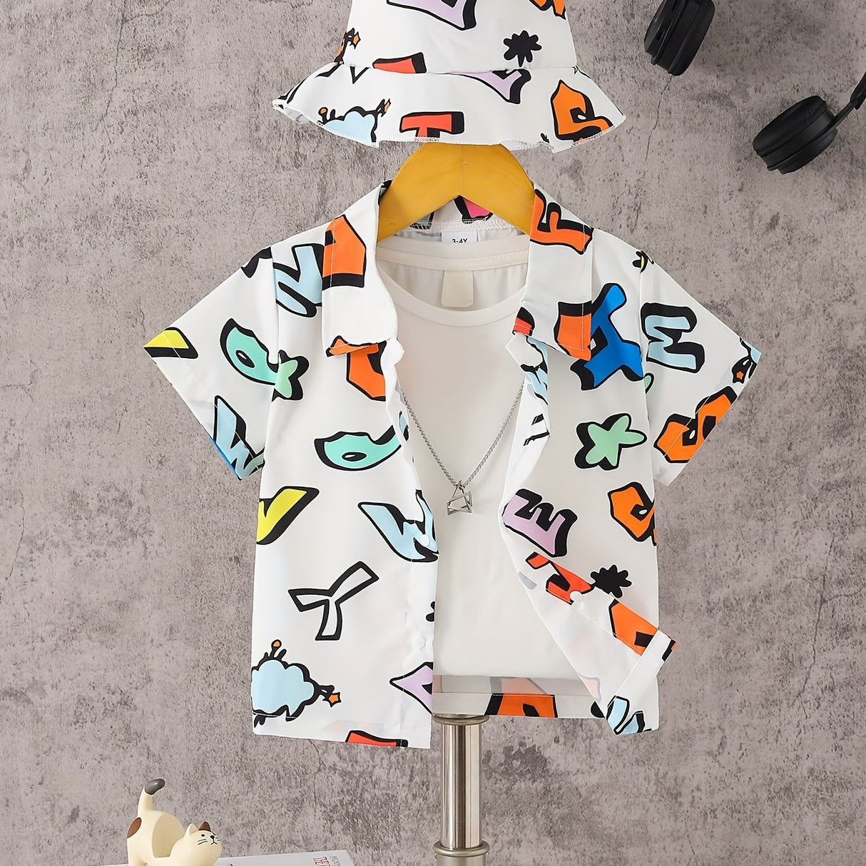 Cartoon Colorful Letter Print Boys Creative Shirt & Hat (Without T-shirt), Casual Short Sleeve Lapel Shirt Tops, Boys Clothes For Summer Outdoor