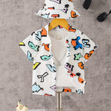 Cartoon Colorful Letter Print Boys Creative Shirt & Hat (Without T-shirt), Casual Short Sleeve Lapel Shirt Tops, Boys Clothes For Summer Outdoor
