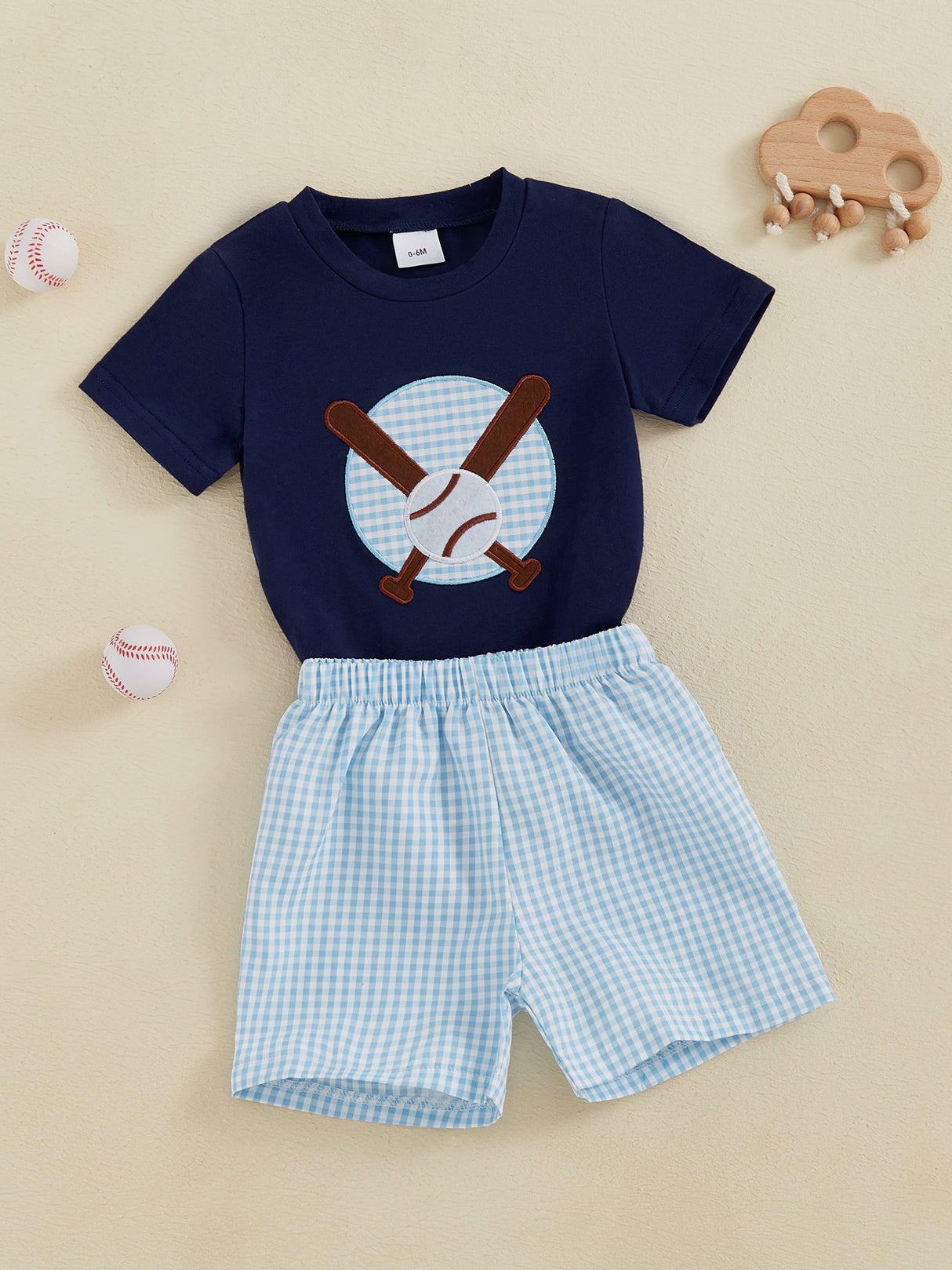 Toddler Boys' Baseball Embroidered Cotton Shorts Set - Comfy Short Sleeve Round Neck Top with Elastic Waistband Plaid Shorts, Machine Washable, All-Season Wear, Comfortable Playwear|Playful Kids' Clothes|Easycare Clothing, Pe
