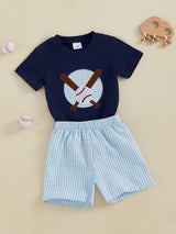 Toddler Boys' Baseball Embroidered Cotton Shorts Set - Comfy Short Sleeve Round Neck Top with Elastic Waistband Plaid Shorts, Machine Washable, All-Season Wear, Comfortable Playwear|Playful Kids' Clothes|Easycare Clothing, Pe