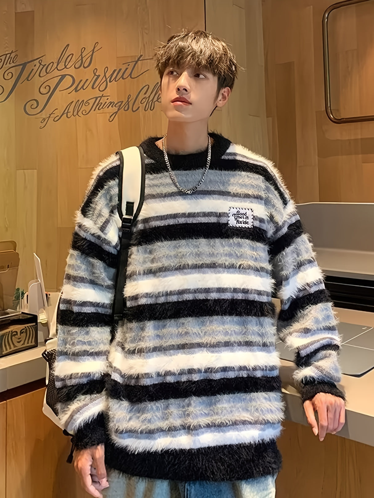 Cozy Striped Knit Sweater for Men - Casual Loose Fit, Color Block Design, Perfect for Fall/Winter