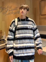 Cozy Striped Knit Sweater for Men - Casual Loose Fit, Color Block Design, Perfect for Fall/Winter