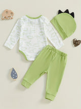 Baby Boy Fall Outfit Dinosaur Print Long Sleeve Rompers and Elastic Pants Hat Set Spring 3pcs Clothes, for Outdoor