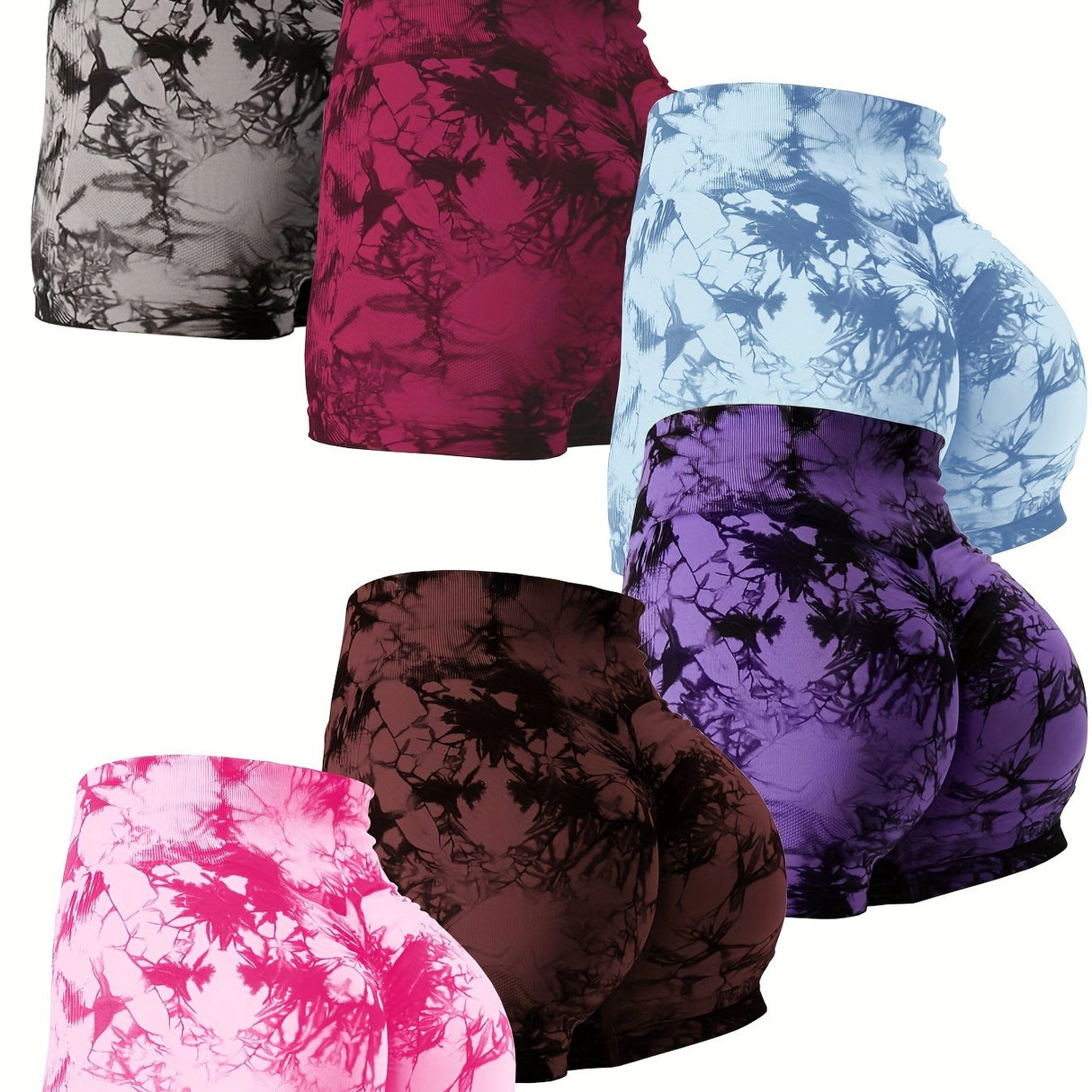 6pcs Vibrant Tie-Dye High-Waist Yoga Shorts for Women - Scrunch Butt Lifting, Seamless Booty Biker Shorts with Side Pockets, Stretchy & Breathable Nylon Blend, Perfect for Gym & Fitness Enthusiasts, Workout Accessories