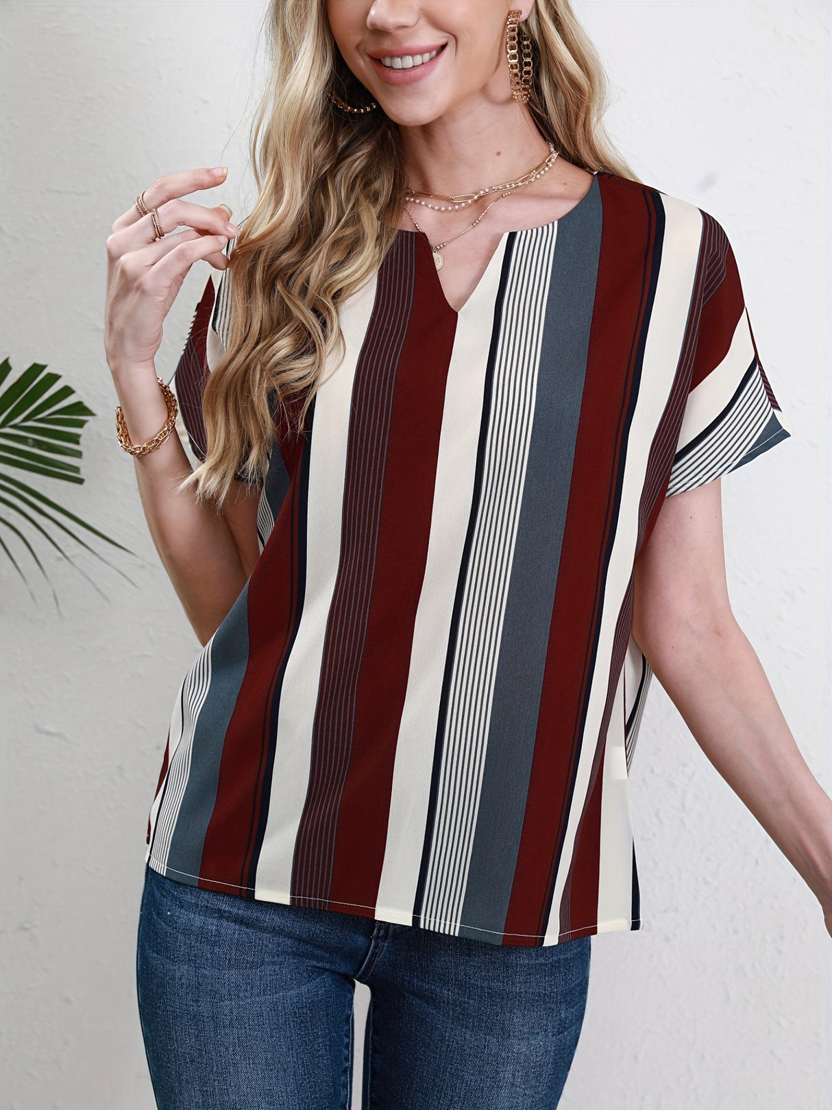 Striped Notched Neck Blouse, Casual Short Sleeve Blouse For Spring & Summer, Women's Clothing