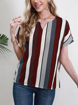 Striped Notched Neck Blouse, Casual Short Sleeve Blouse For Spring & Summer, Women's Clothing