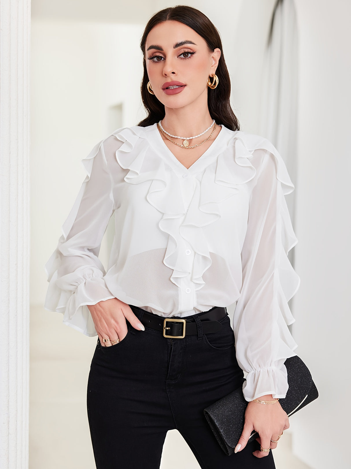 Flirty Ruffle Trim Blouse - Solid Color with Classy Button Front, Flowy Long Sleeves - Feminine Casual Top for Women