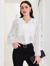 Flirty Ruffle Trim Blouse - Solid Color with Classy Button Front, Flowy Long Sleeves - Feminine Casual Top for Women