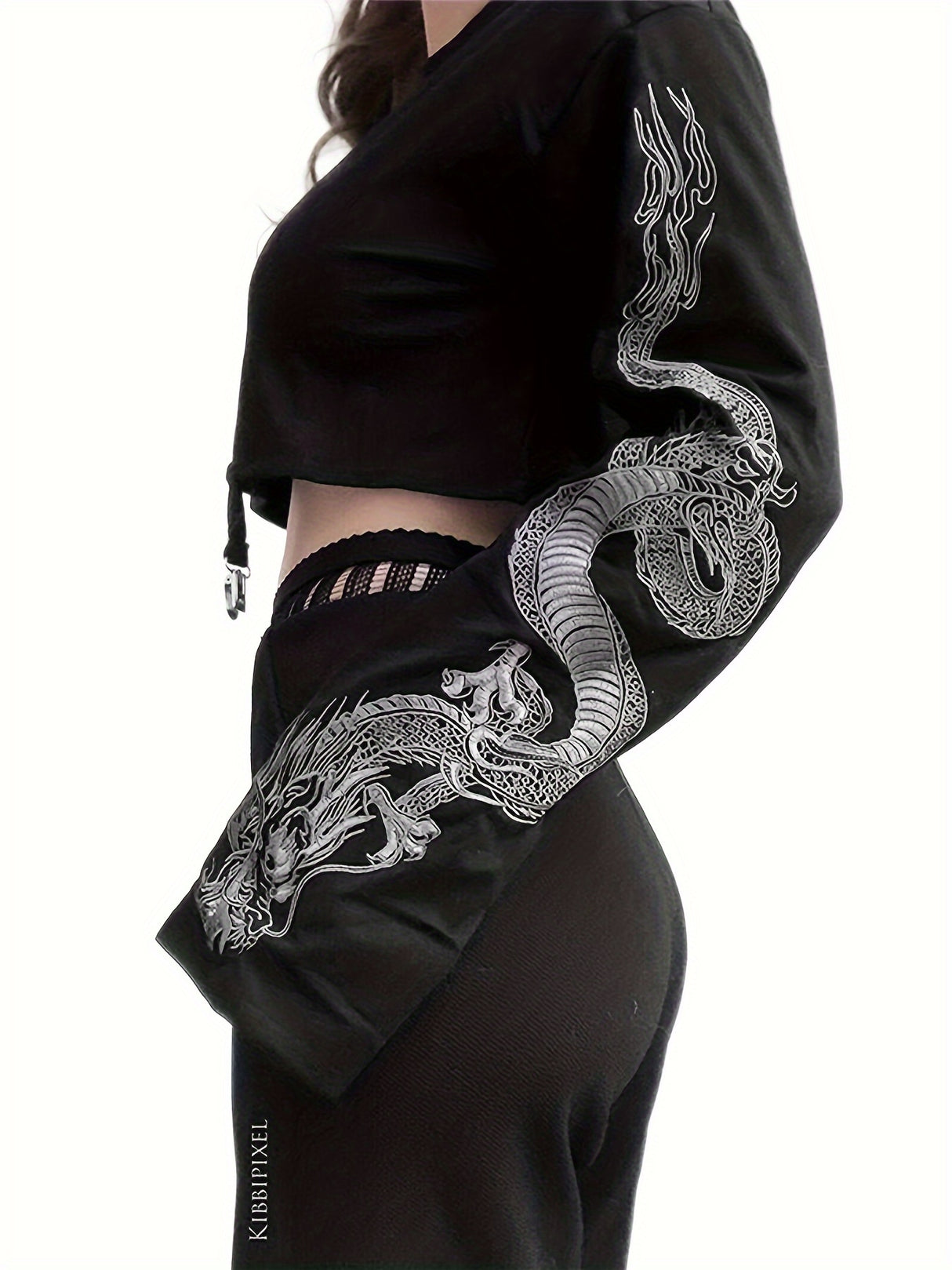 Women Long Sleeve Crop Tops Chinese Dragon Print O Neck Punk T-Shirt Girls Fashion Casual Hip Hop Pullover