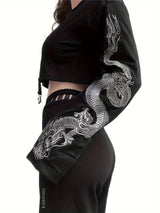 Women Long Sleeve Crop Tops Chinese Dragon Print O Neck Punk T-Shirt Girls Fashion Casual Hip Hop Pullover