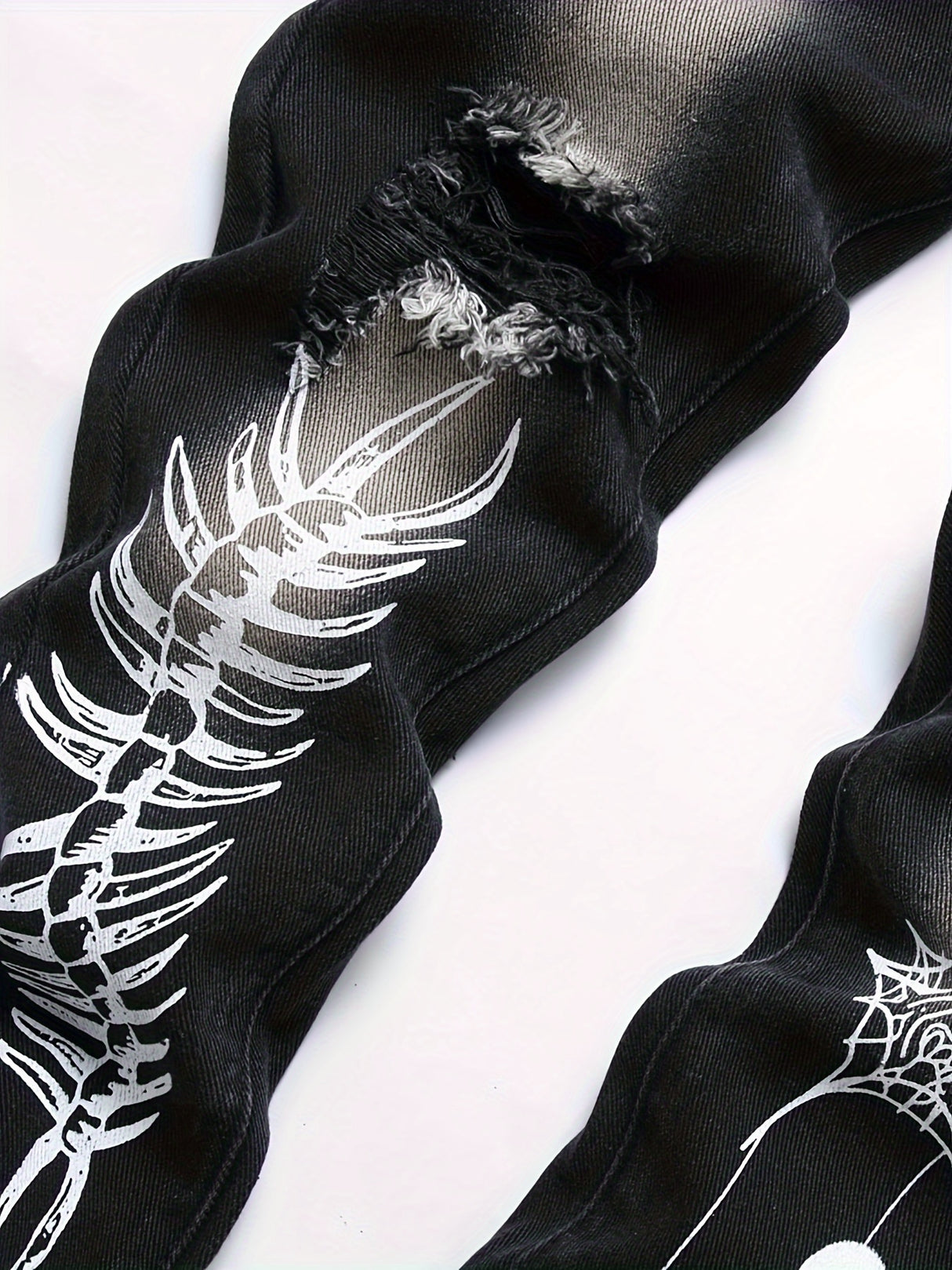 Boys Spider Web & Bone Print Slim Straight Denim Jeans, Streetwear Jeans, Boys Clothes For All Seasons