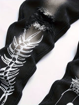 Boys Spider Web & Bone Print Slim Straight Denim Jeans, Streetwear Jeans, Boys Clothes For All Seasons