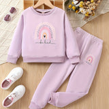 Girls 2pcs "Be Kind" And Rainbow Print Top & Jogger Pants Set, Thick Outfits Kids Clothes For Sports Spring Fall Winter