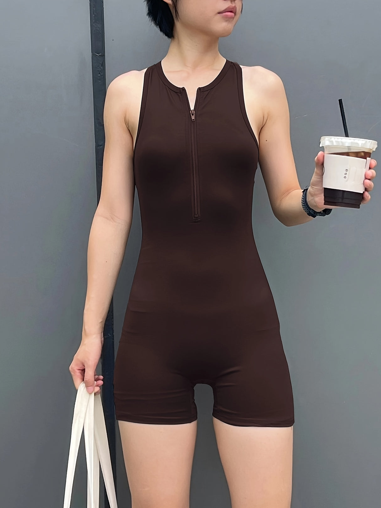 Solid Color Tight Sleeveless Yoga Jumpsuits - Women's Zipper Hollow Back Sports Casual Without Chest Pad