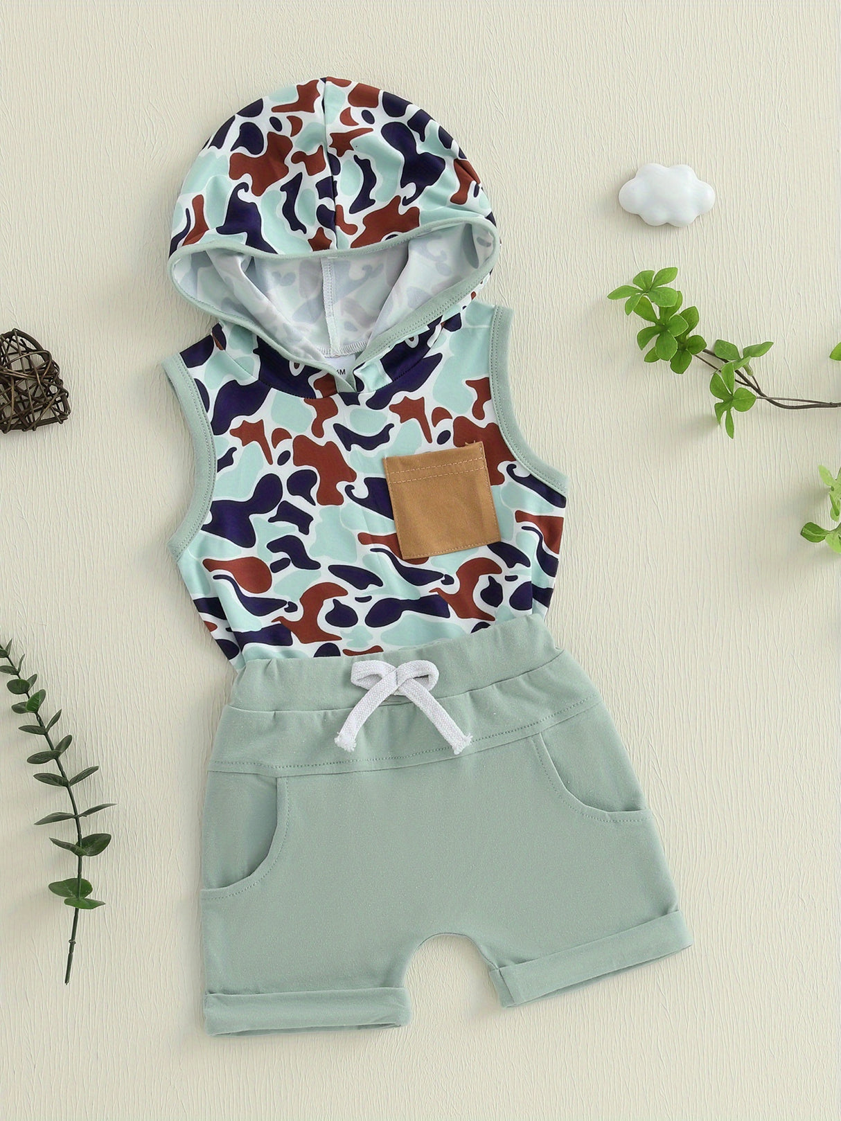 0-3T Toddler Boys Summer Outfits Camouflage Hooded Sleeveless Tank Tops Elastic Waist Shorts Cute Clothes Set, for Outdoor