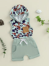 0-3T Toddler Boys Summer Outfits Camouflage Hooded Sleeveless Tank Tops Elastic Waist Shorts Cute Clothes Set, for Outdoor