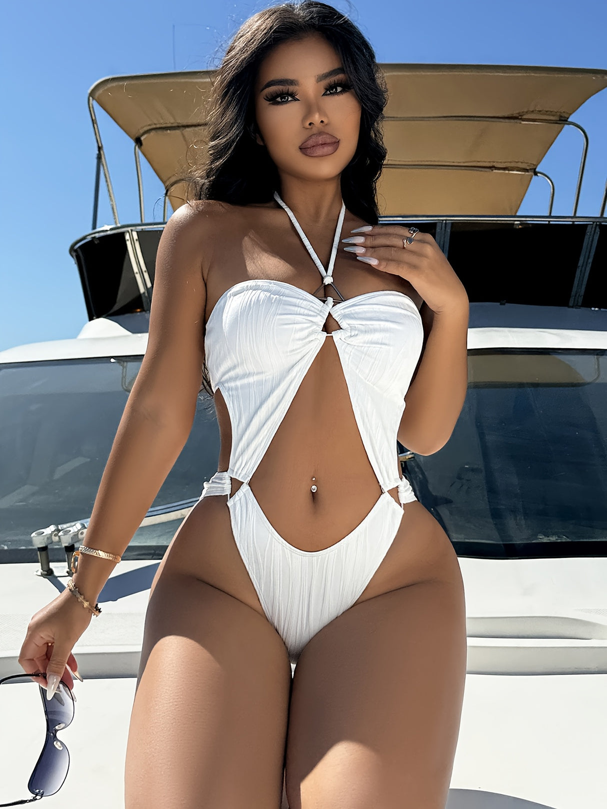 1pc Sexy One-Piece Swimsuit for Women, High Stretch Knit Fabric, Solid Color, High Cut Panty Bottom, Removable Padding, Polyester 95% Elastane 5%, Bandeau Collar Style