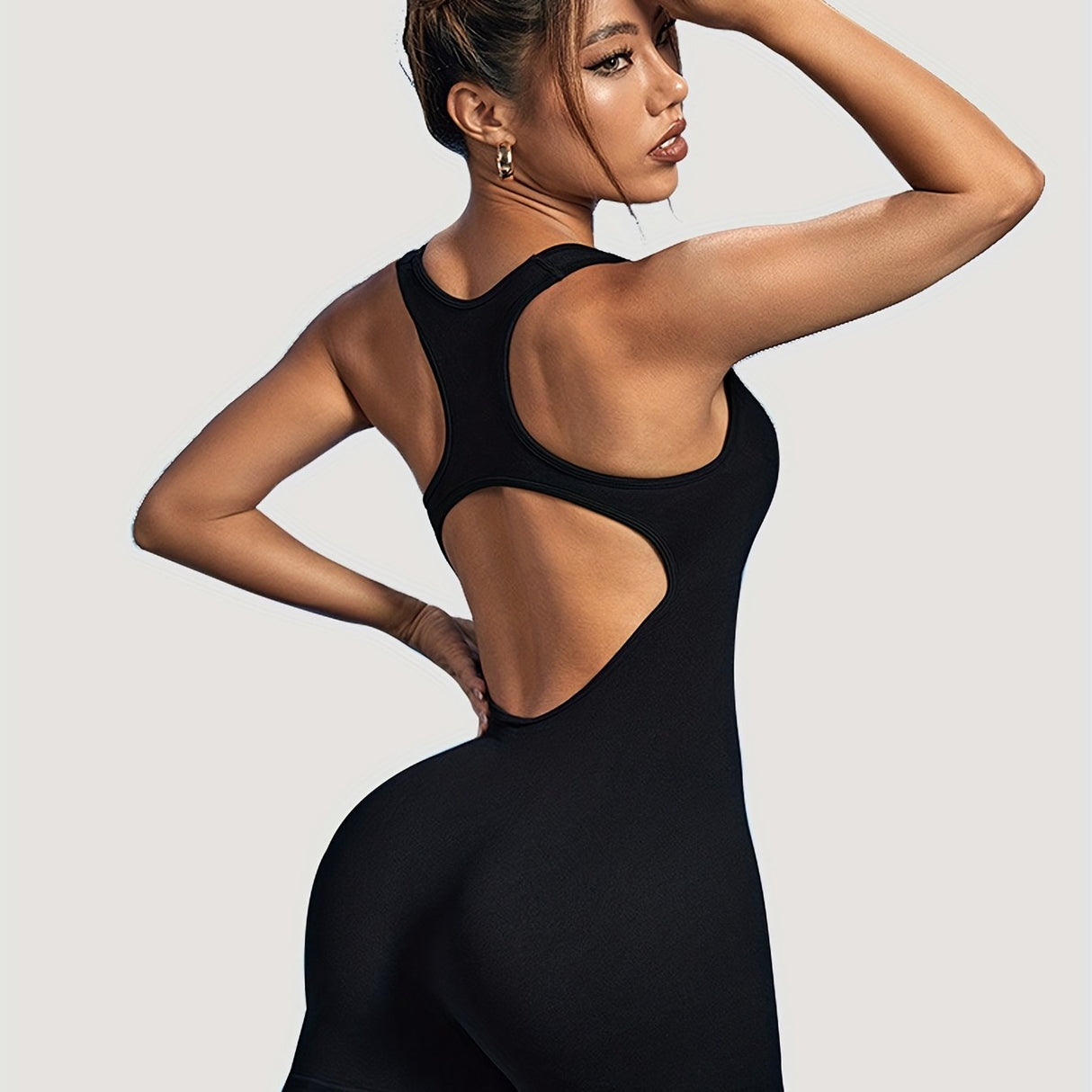Women's Workout Rompers, High Stretchy Seamless Beauty Open Back Ribbed Tummy Control Bodysuits, Square Neck Solid Color Gym Sports Yoga Tank Short Jumpsuits Playsuits