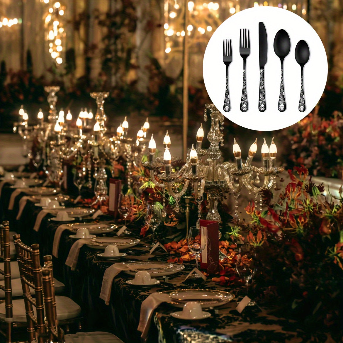 20/30pcs Gothic Design Cutlery Service For 4/6, Premium Stainless Steel Flatware Includes Spoon Fork And Knife, Cool Silverware With Skull&Rose Pattern, Mirror Polished, Nice Gift For Dark&Rock Lover/Halloween/Day Of The Dead