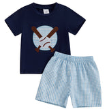 Toddler Boys' Baseball Embroidered Cotton Shorts Set - Comfy Short Sleeve Round Neck Top with Elastic Waistband Plaid Shorts, Machine Washable, All-Season Wear, Comfortable Playwear|Playful Kids' Clothes|Easycare Clothing, Pe