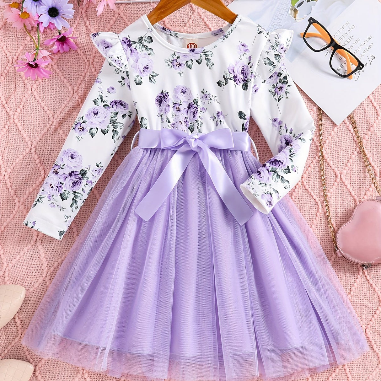 Girls Splicing Flora Print Flutter Trim Tutu Dress Kids Clothes Spring Fall Gift