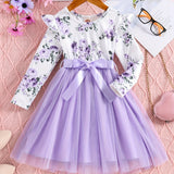 Girls Splicing Flora Print Flutter Trim Tutu Dress Kids Clothes Spring Fall Gift